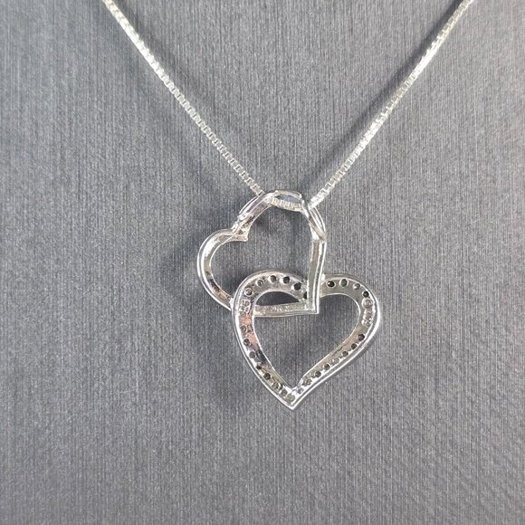 Womens Vintage Estate Sterling Silver Diamond Heart Pendant Necklace 3.6g E4620 - Picture 2 of 4